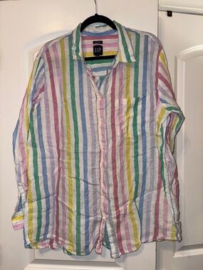 GAP Boyfriend Stripe Linen-Blend Button Down Shirt